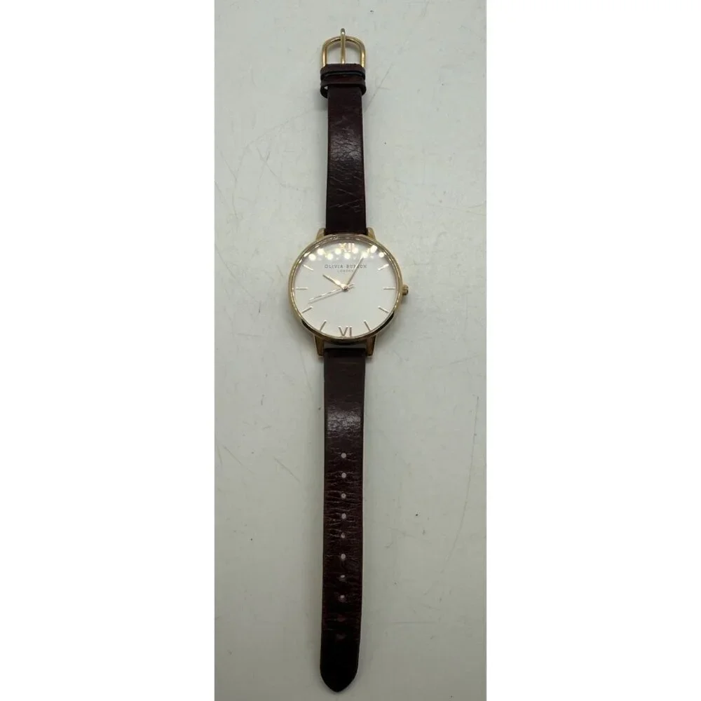 Olivia Burton Sunray Watch Women Rose Gold Tone Brown Leather Band White Face